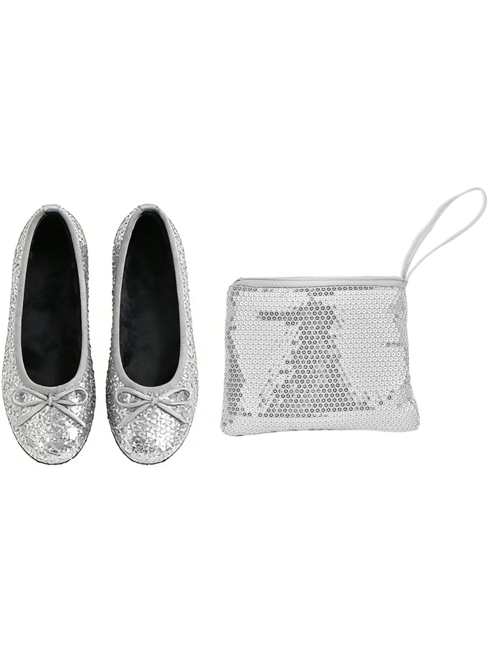 Silver Sequin Ballet Flats with Matching Wristlet - Women Small
